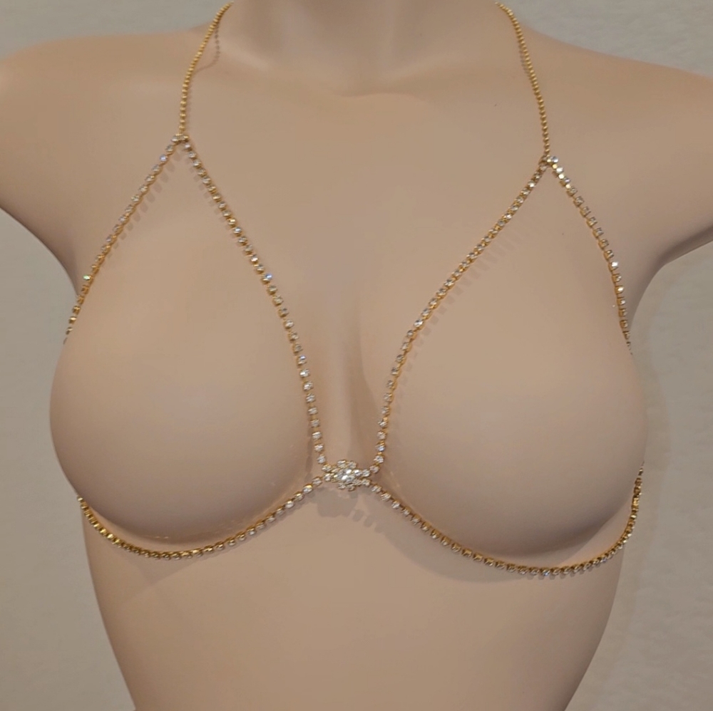 CZ GEMSTONE GOLD BRA CHAIN Single strand